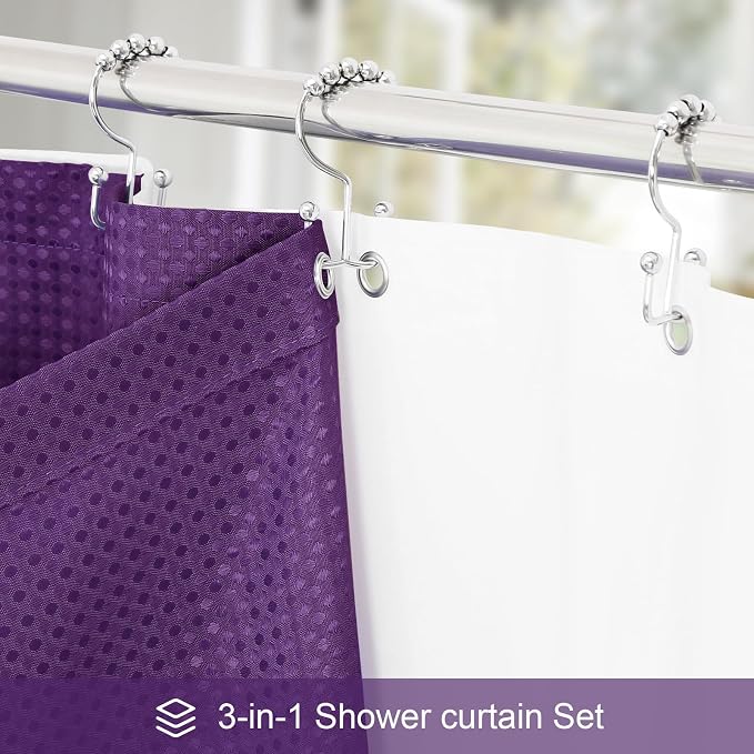 3 in 1 Extra Long Purple Shower Curtain Set-72 W x 84 H, Modern Waffle and PEVA - Image 2