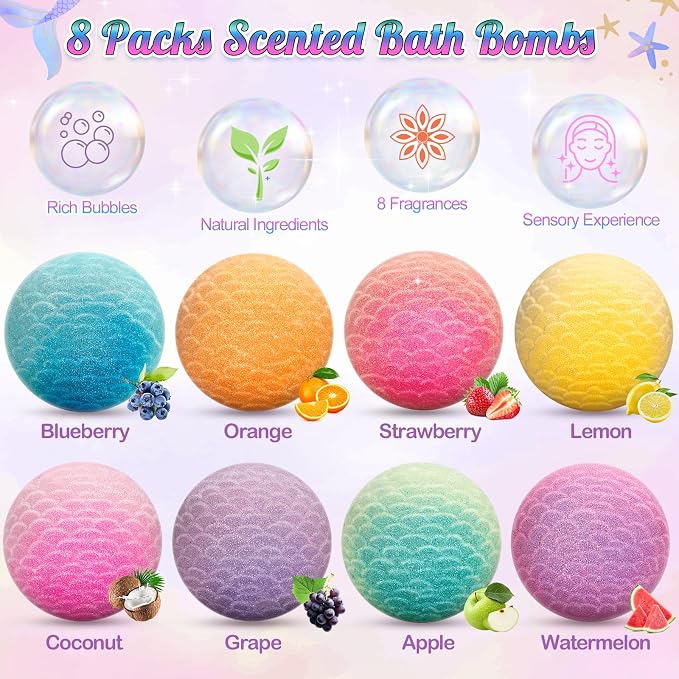 8 Packs Mermaid Bath Bombs for Kids Girls, Bubble Bath Bomb Kit - Image 4