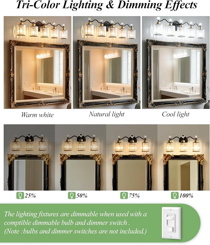 5 Light Vanity Light, Modern Black and Gold Crystal Bathroom Vanity Lighting - Image 5