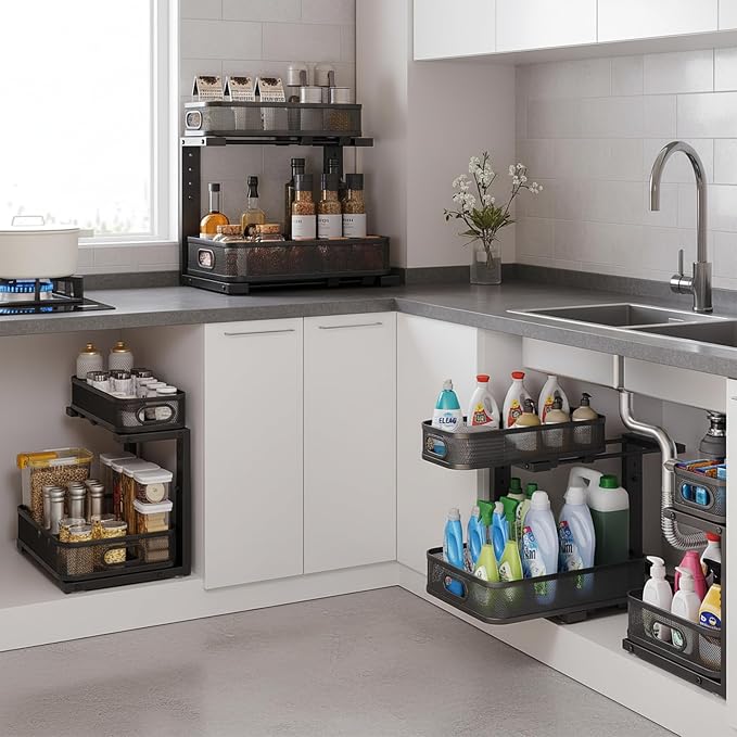 2 Pack Under Sink Organizer, Dual-Layer Pull Out Mesh Cabinet Rack - Image 6