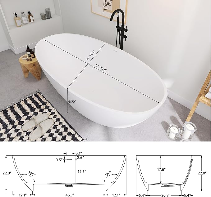 SJ STAR&JANE 71" x 35" SJ STAR&JANE Solid Surface Freestanding Bathtub Stone - Image 8