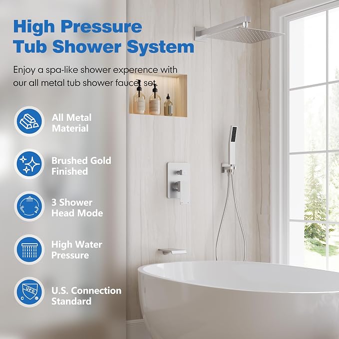 Shower System with Tub Spout, All Metal Tub Shower Faucet Set with 12-Inch Rain - Image 2
