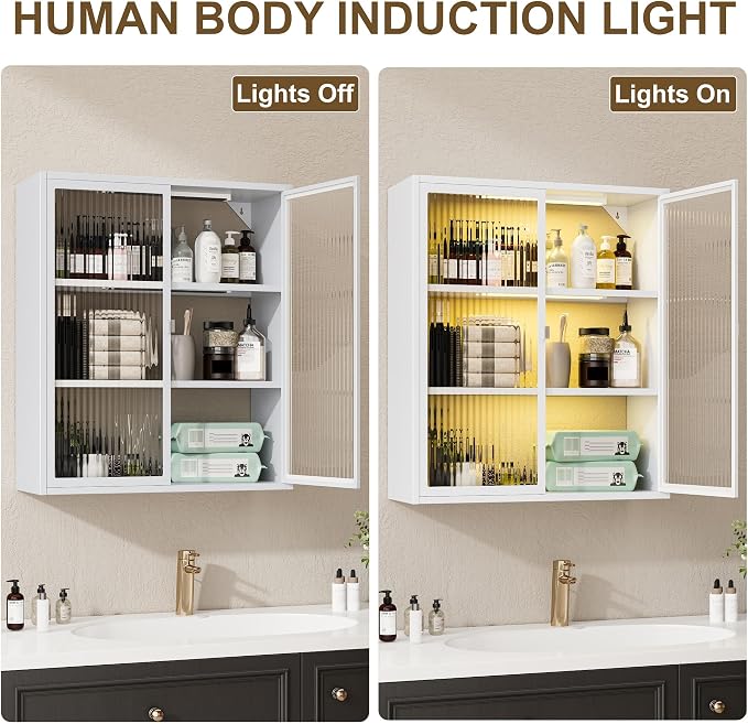 Bathroom Wall Cabinet with Glass Doors, Metal Medicine Cabinet with LED Light - Image 4