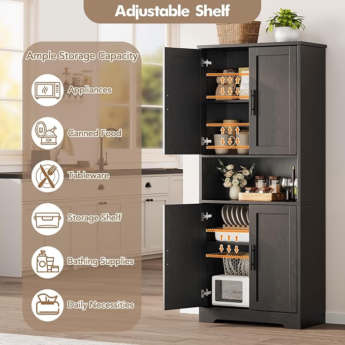 IDEALHOUSE Black Pantry Cabinet, Freestanding Cupboard, Tall Storage Cabinet - Image 5