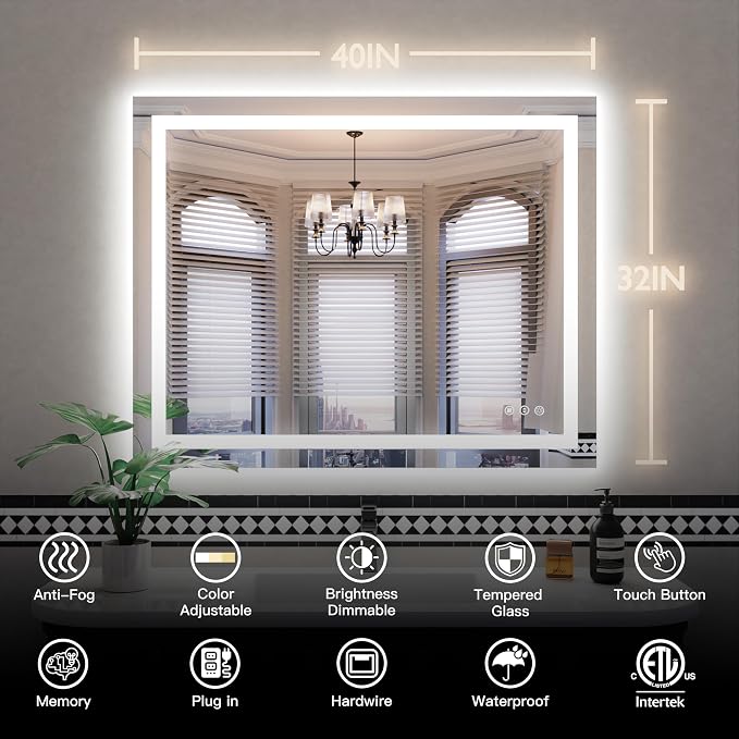ISKM 40'' x 32'' LED Mirror for Bathroom Lighted Vanity Mirror for Wall Front - Image 7
