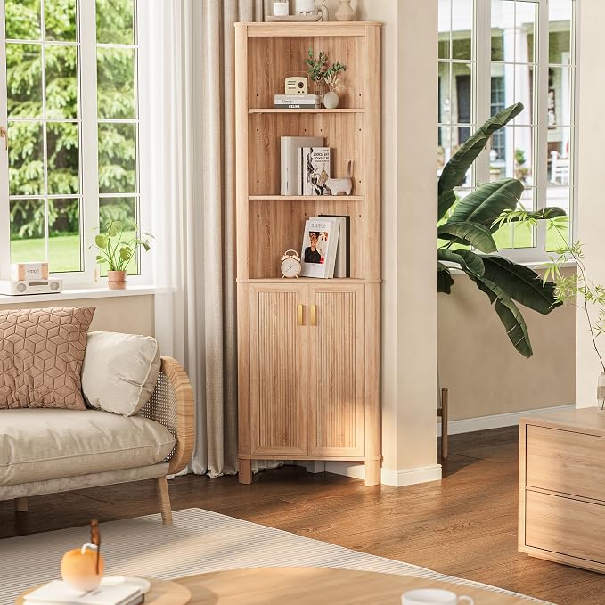 69" Tall Corner Shelf with Doors, 6-Tier Corner Storage Cabinet with Doors - Image 7