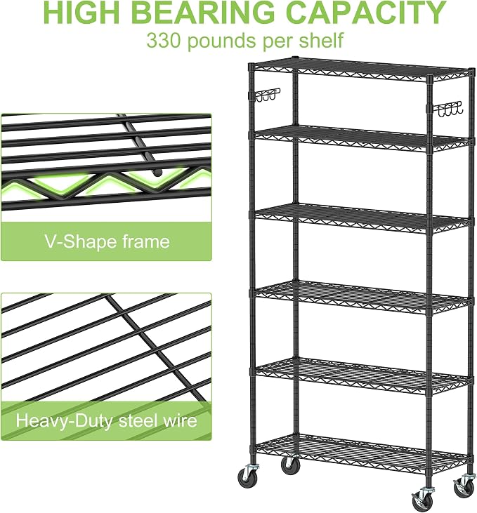 6 Tier Storage Shelves with Wheels Heavy Duty Wire Rolling Shelving Rack - Image 5