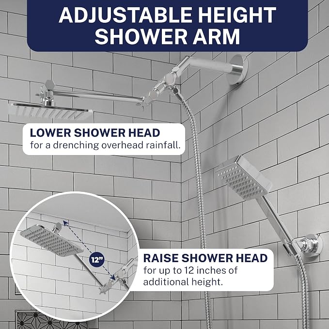 HammerHead® Solid Metal Dual Shower Head Combo — 8" Square Rain Shower Head - Image 4