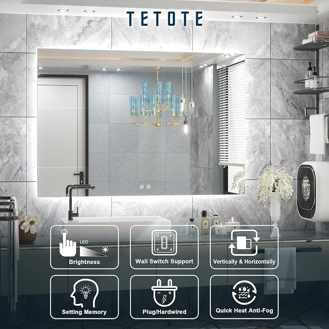 TETOTE 48 x 36 Inch LED Backlit Bathroom Mirror - Image 5