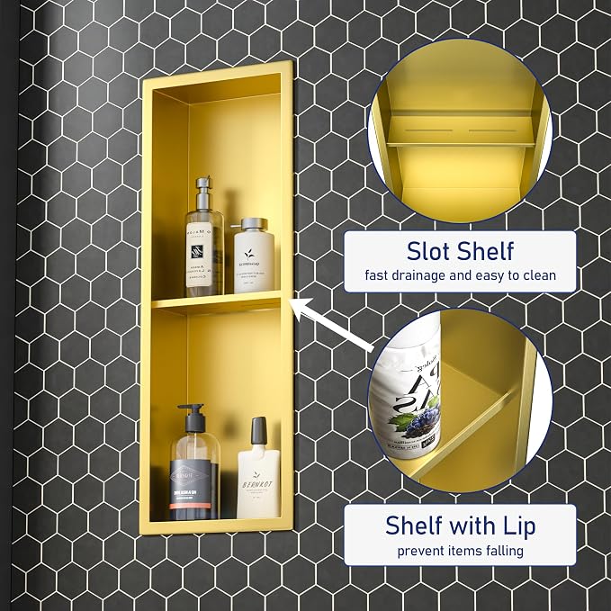Stainless Steel Shower Niche 8"×24" Gold Double Shelf No Tiled Needed Niche - Image 4