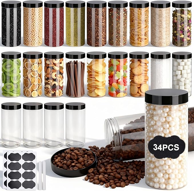 Plastic Jars with Lids, OBKJJ 34 PCS 16 OZ Large Capacity Clear Storage by OBKJJ