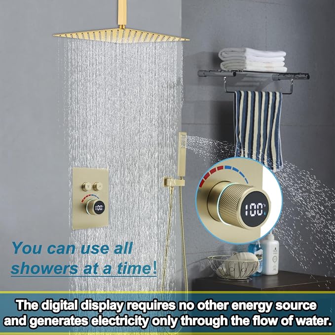 Digital Display Shower System Set 16 Inches Rain Fall Head Temperature Valve - Image 4