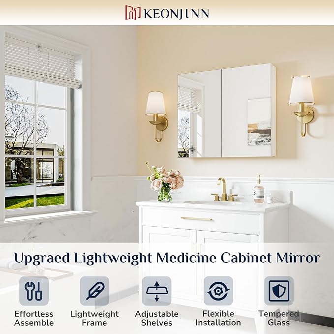 Keonjinn 30 x 26 Inch White Medicine Cabinet Mirror, Assembly Needed, in Wall - Image 9
