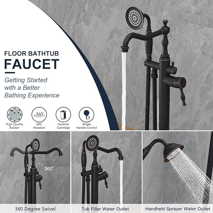 Oil Rubbed Bronze Standing Bathtub Faucet Freestanding Tub Filler High Pressure - Image 6