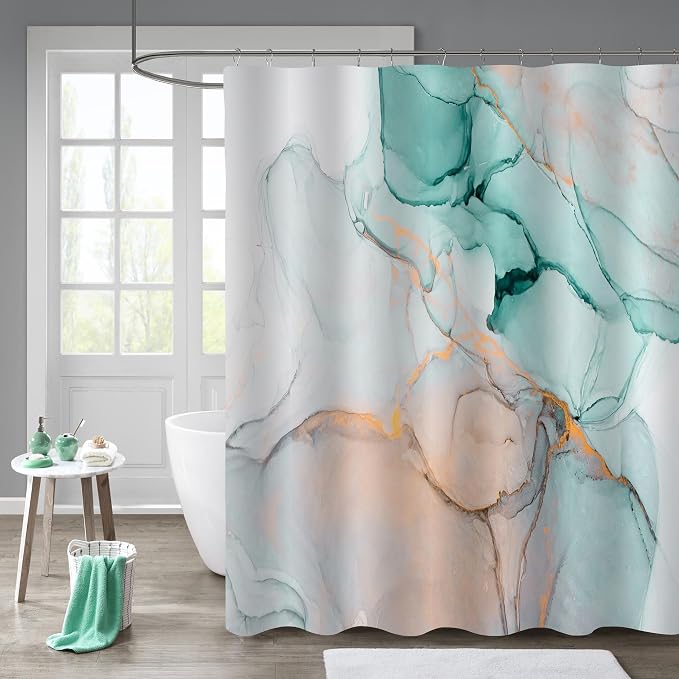 Gibelle Abstract Marble Shower Curtain, Teal Grey Fabric Shower Curtain - Image 6