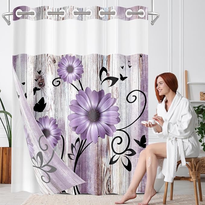 No Hook Purple Flower Shower Curtain - Image 8