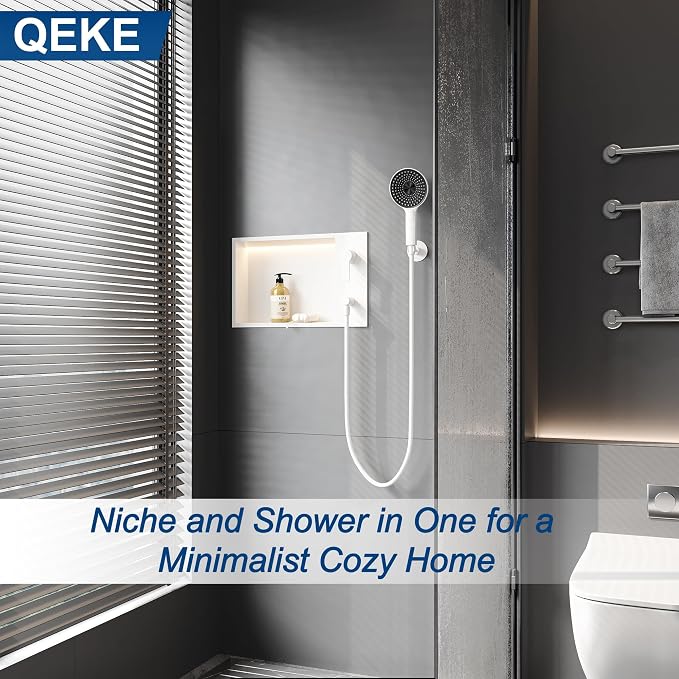 Shower Niche with Round Hand Shower, and LED Light in Matte White/Horizontal - Image 6