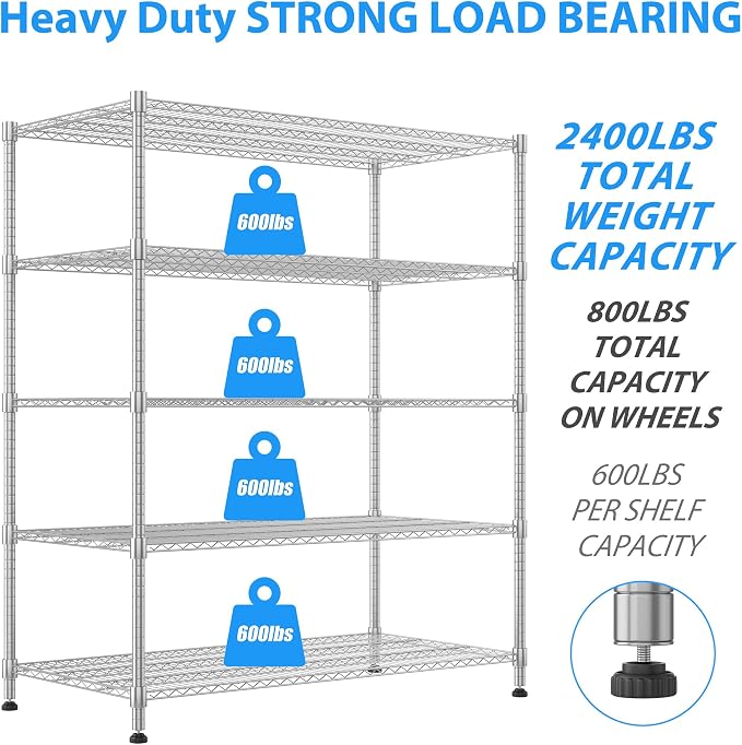 Homdox 5 Tier Heavy Duty Storage Shelves, Wire Shelving Unit - Image 5