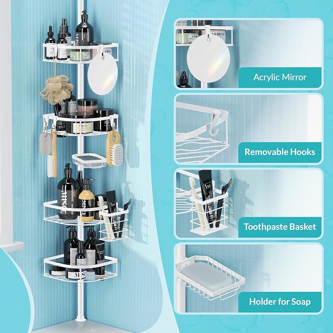 Shower Caddy Tension Pole, 4-Tier Adjustable Corner Shower Standing Caddy - Image 3