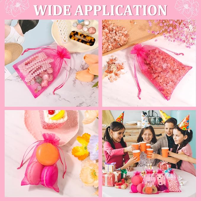 Hopttreely 100pcs Organza Drawstring Gift Bags, 4 x 4.72 inch Mesh, Hot Pink - Image 3