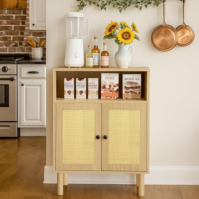 Rattan Small Coffee Bar Cabinet, Kitchen Storage Sideboad, Bathroom Corner - Image 4