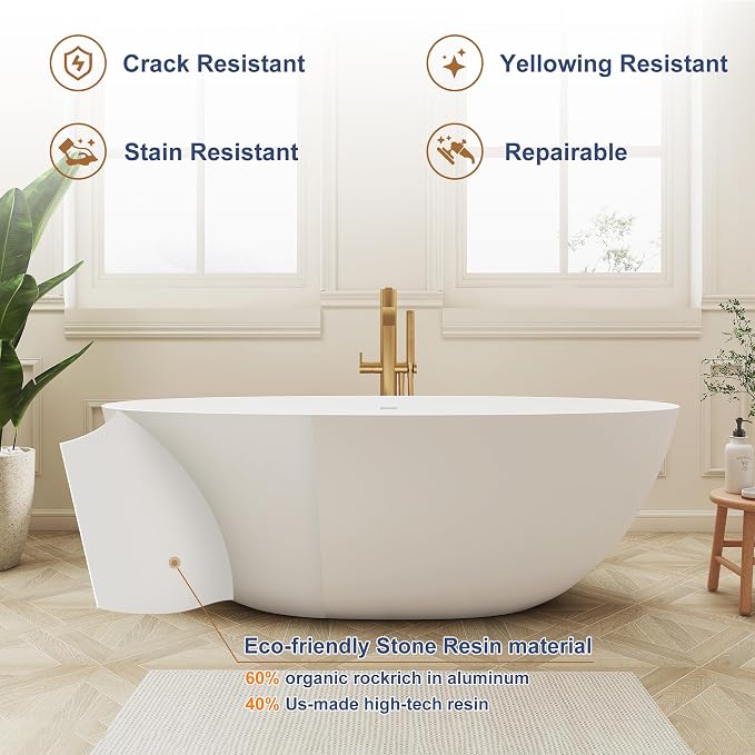 SJ STAR&JANE 69" Solid Surface Freestanding Bathtub, Matte White Stone Resin - Image 3