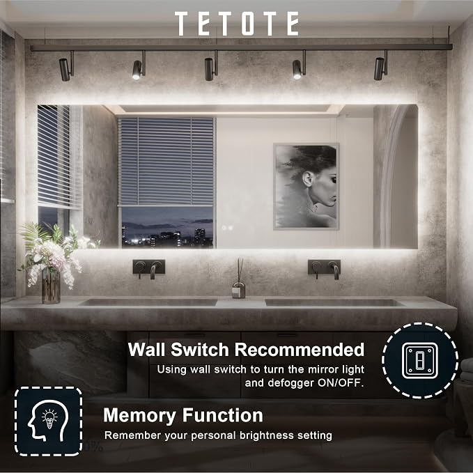 TETOTE 96 x 36 Inch LED Backlit Bathroom Mirror - Image 5