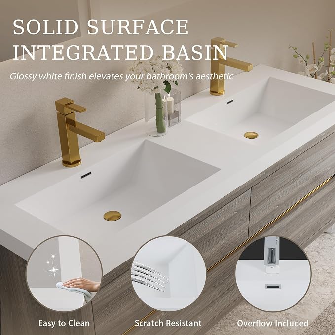 60" Wall-Mounted Bathroom Vanity, Double Sink Floating Cabinet - Image 5