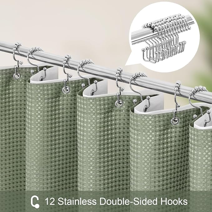 3 in 1 Extra Long Shower Curtain Set-72 W x 84 H, Sage Green Waffle and PEVA - Image 3