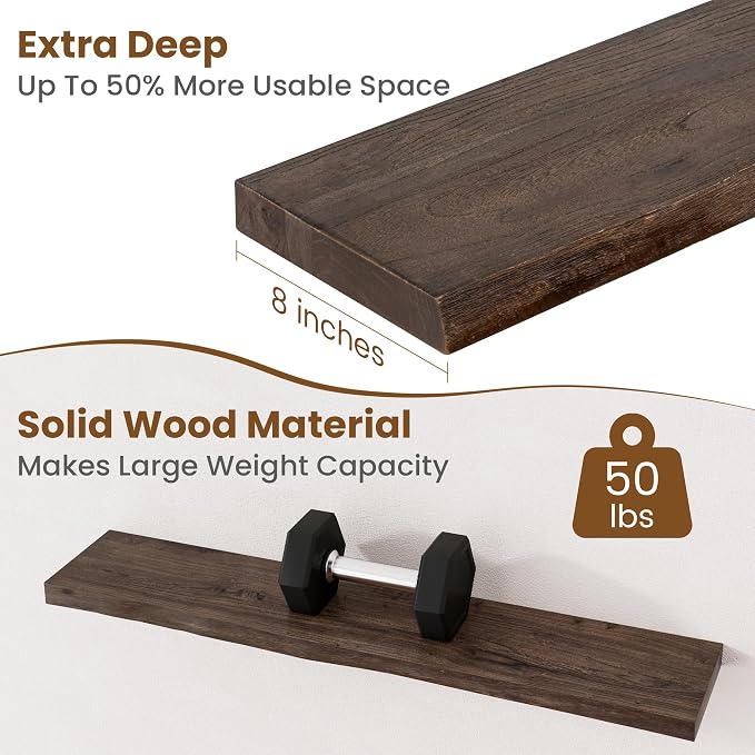 Floating Shelves for Wall Decor, Rustic Solid Elm Wood Live Edge Floating - Image 5