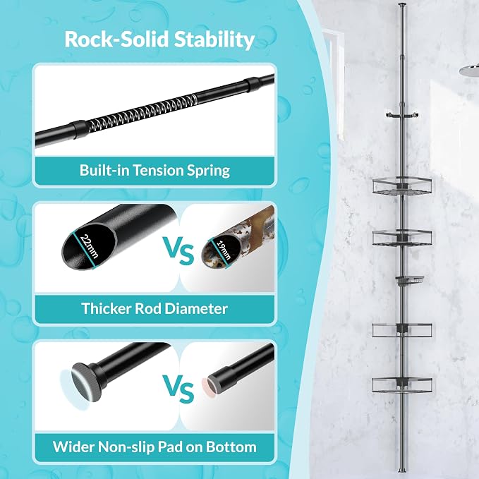 Shower Caddy Tension Pole, 4-Tier Adjustable Corner Shower Standing Caddy - Image 8