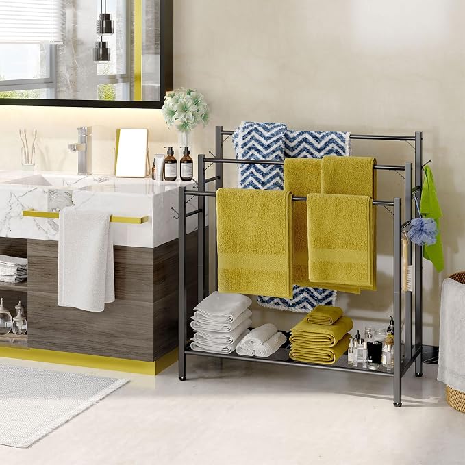 3 Tier Towel Rack with Large Storage & 6 Hooks, Blanket Rack - Image 9