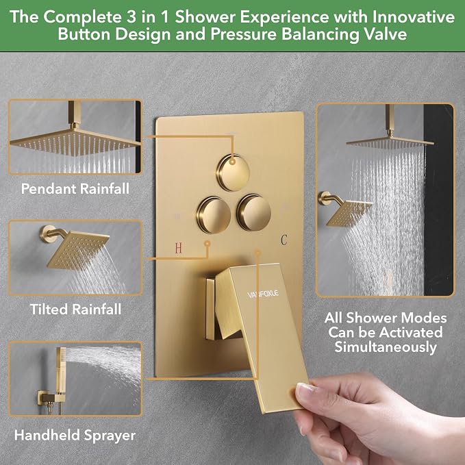 VANFOXLE Shower Faucet Set Brushed Gold Shower System, Push Button Diverter - Image 4