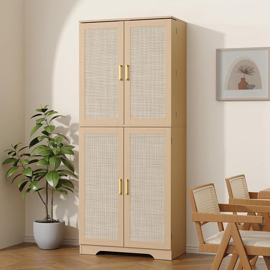 72" Tall Kitchen Pantry with Rattan Doors, Storage Cabinet with Organizer by Furnify
