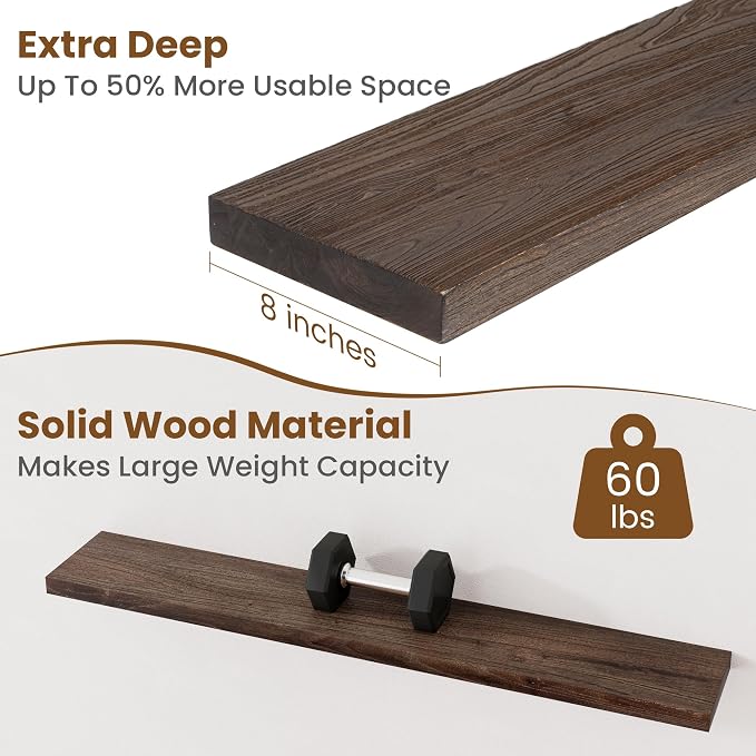 Floating Shelves for Wall Decor, 8 Inch Deep Rustic Solid Elm Wood Floating - Image 5