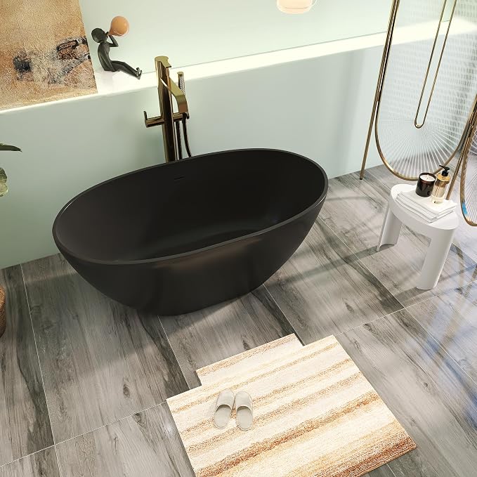 55" Premium Solid Surface Freestanding Bathtub, Upgraded Oval Stone Resin Tub - Image 2