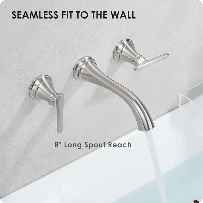 Brass Wall Mount Tub Filler, High Flow 8" Spout Reach Brushed Nickel Bathtub - Image 7