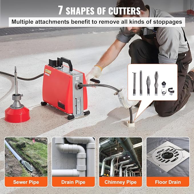 VEVOR 66FT x 5/8 Inch Drain Cleaner Machine, 250W Electric Sewer Snake Auger - Image 4