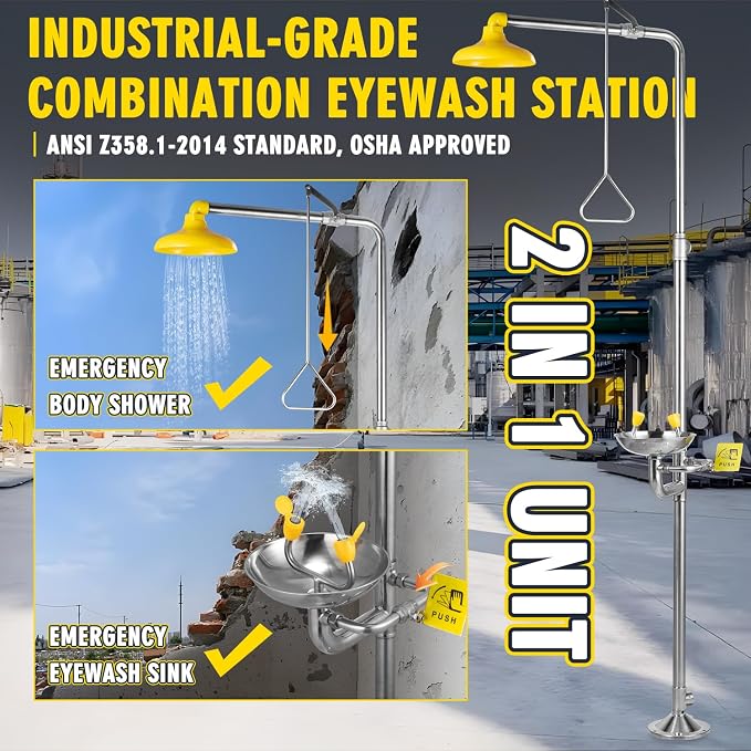 CGOLDENWALL Emergency Shower Eye Wash Station Safety Shower Station Eyewash - Image 2