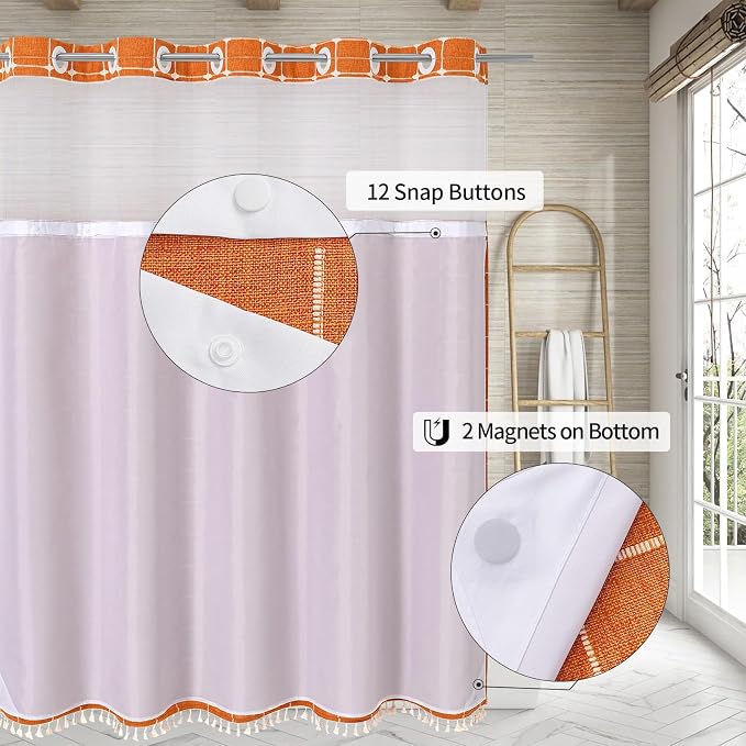 MitoVilla No Hooks Required Orange Shower Curtain - Image 2