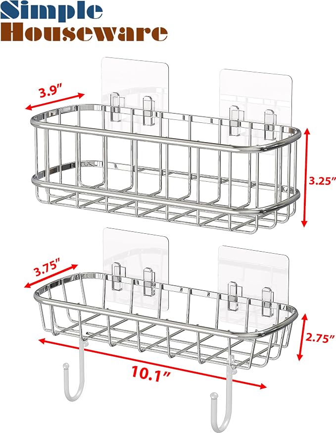 Simple Houseware Bathroom Adhesive Wall Mount Standard Shower Caddy w/Hooks - Image 2