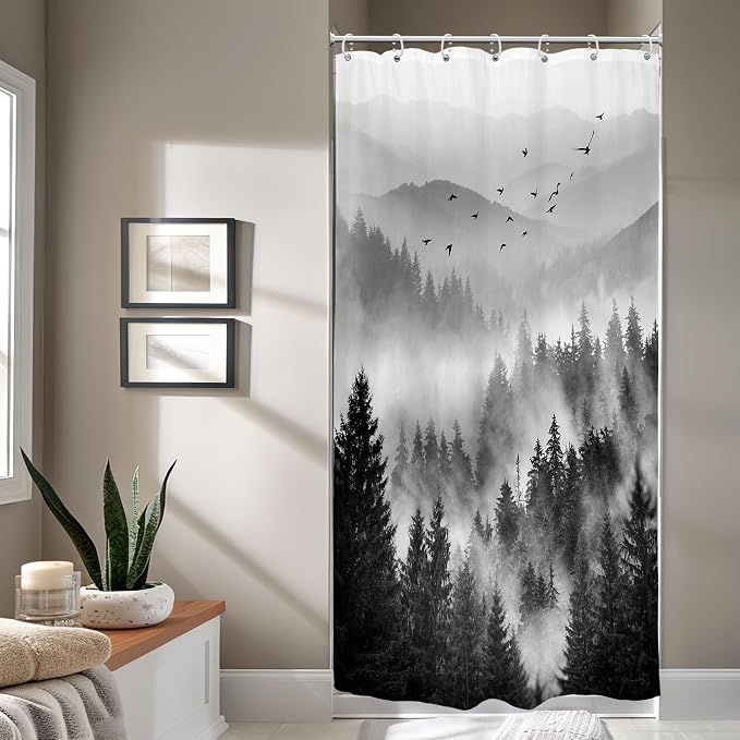 Riyidecor Black and White Shower Curtain 36Wx72H Inch Mountain Rustic Pine Tree by Riyidecor