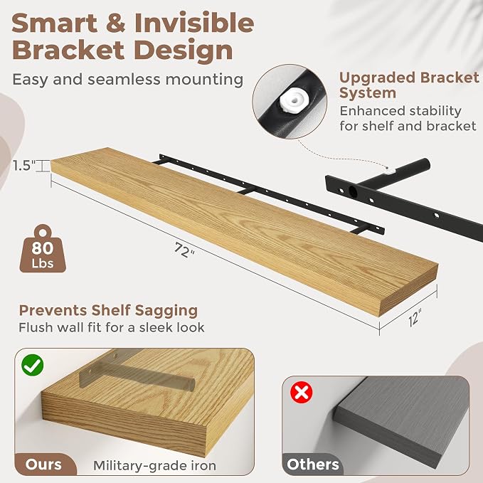 72 Inch Long Floating Shelves for Wall Set of 2, Easy Install Engineered Wood - Image 3