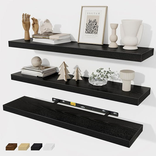 Fun Memories 30 Inch Floating Shelves Set of 3, Farmhouse Black Wall Shelves by FunMemories