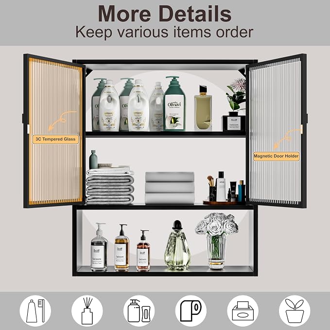 Metal Medicine Cabinet with Glass Doors, Space Saver Bathroom Cabinets Wall - Image 5