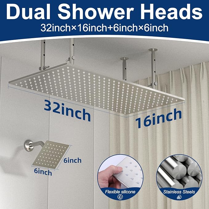 Dual Shower Heads System 16"x32" Ceiling Mount Rainfall and 6" Wall Mounted - Image 2