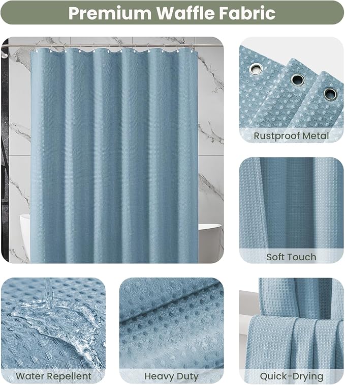 Inhousolu Fabric Shower Curtain Waffle Weave, 230 GSM Heavy Duty, Weighted Hem - Image 3