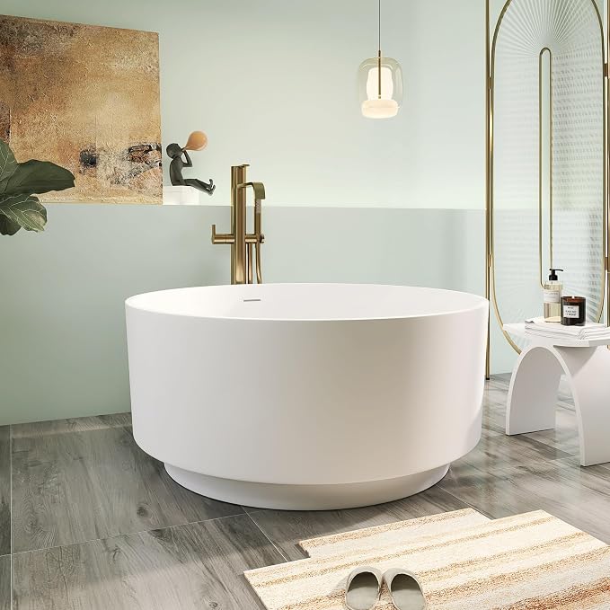 49" Premium Solid Surface Freestanding Bathtub, Upgraded Round Soaking Deep - Image 2