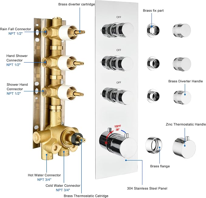 3-Way Chrome Shower Diverter Valve | Thermostatic Brass 3-Function Mixer | - Image 5
