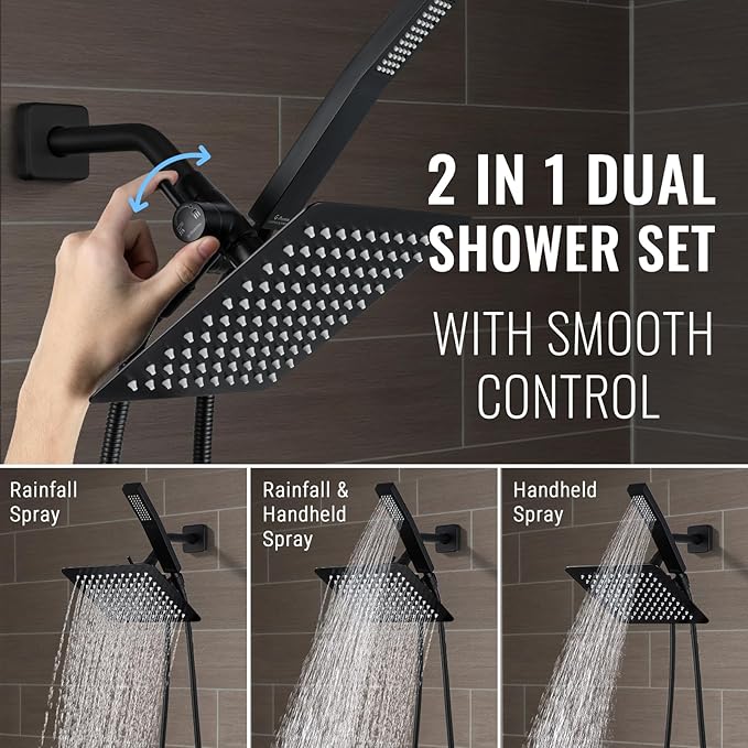 All Metal Shower Faucet Set, Dual Square Shower Head System - Image 5
